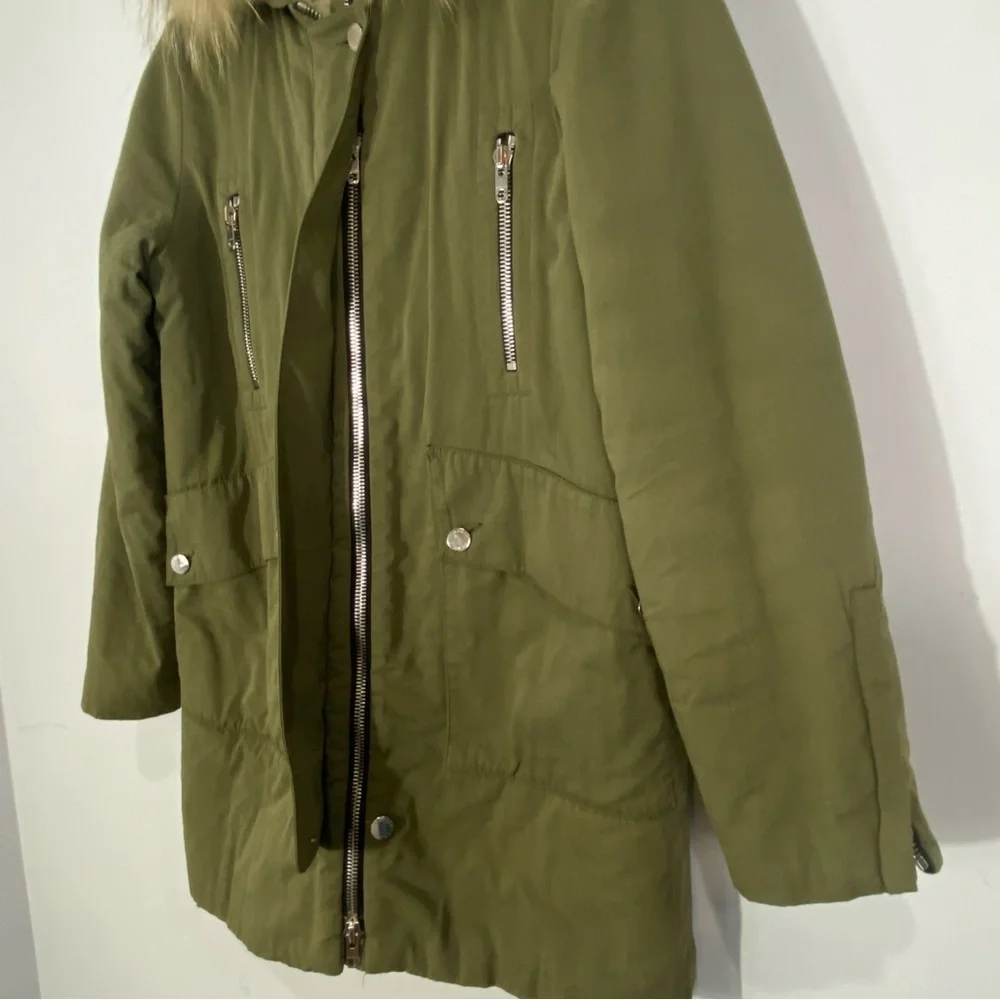 SANDRO Parka Fur Hood Khaki Coat Olive Green
